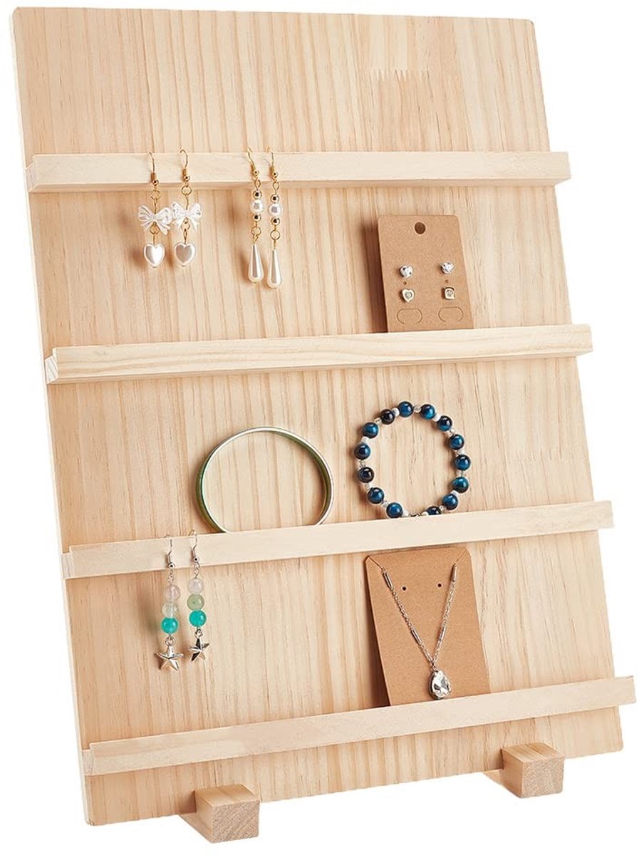 Dailygoods- Sieradenstandaard 4 Laags - Houten Display voor Oorbellen - Sieradenhouder - Sieradenrek - Verstelbare Groeven - 39 cm Hoog