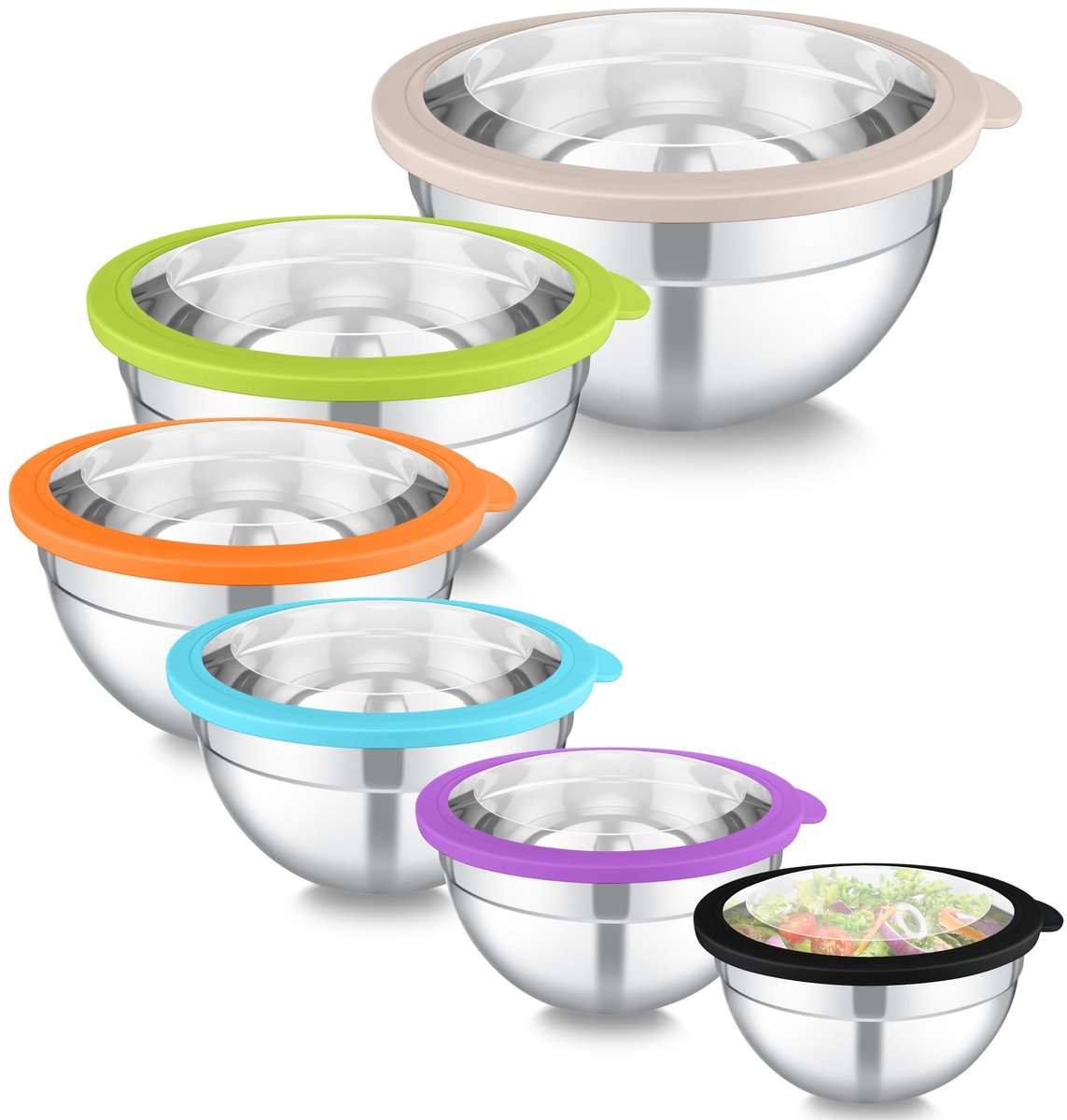 Dailygoods - Homikit Mengkommen, 6-delige set, roestvrij stalen kom, slakom met transparant deksel voor het serveren, koken, bakken, kommenset 4,5 l/2,8 l/2,5 l/1,6 l/1,2 l/0,7 l, stapelbaar en