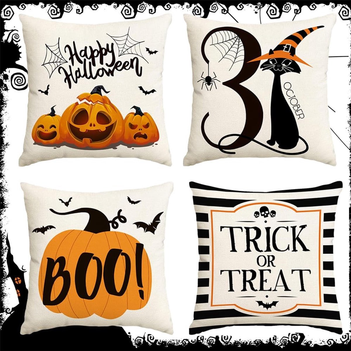 Dailygoods - Jiahuade Set van 4 kussenslopen voor Halloween, Halloween-kussenslopen, Halloween-pompoen, decoratieve kussenslopen, 45 x 45 cm, katoenen en linnen
