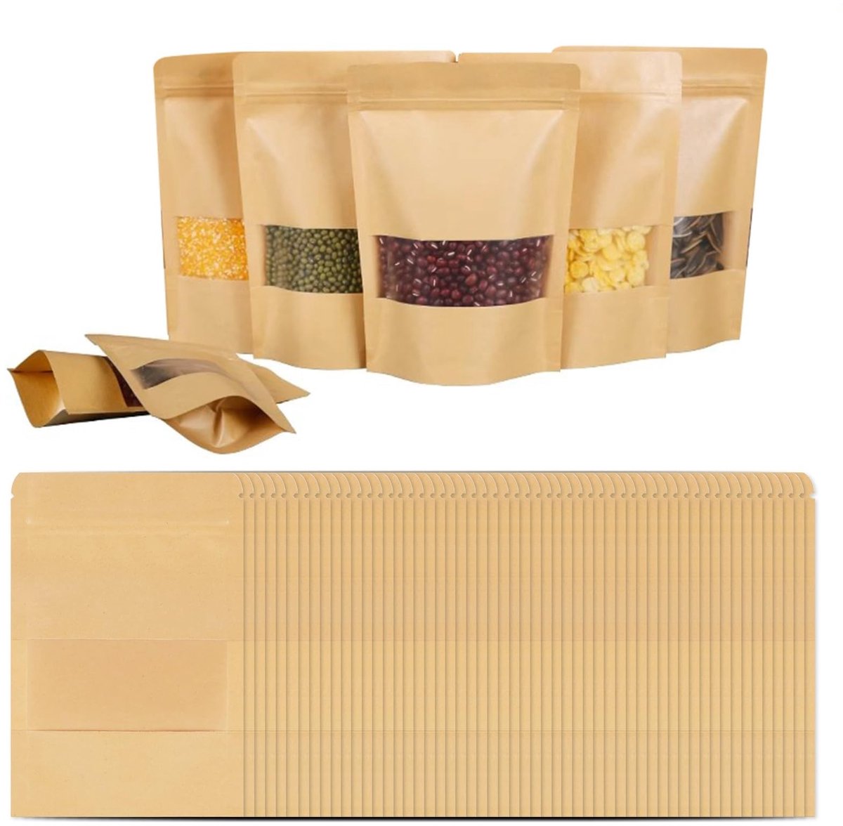Dailygoods - Kraftpapier Zakjes 60 Stuks 9x14cm met Venster | Papieren zakken voor koffiebonen, thee, snoep, koekjes, noten, snacks, gedroogd voedsel, cadeau en winkelverpakking