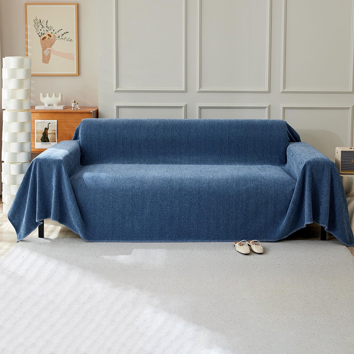 kleur bankovertrek met decoratieve franjes sprei, multifunctionele chenille bankdeken, ideaal voor bank, bank en bed, 230 x 340 cm, blauw