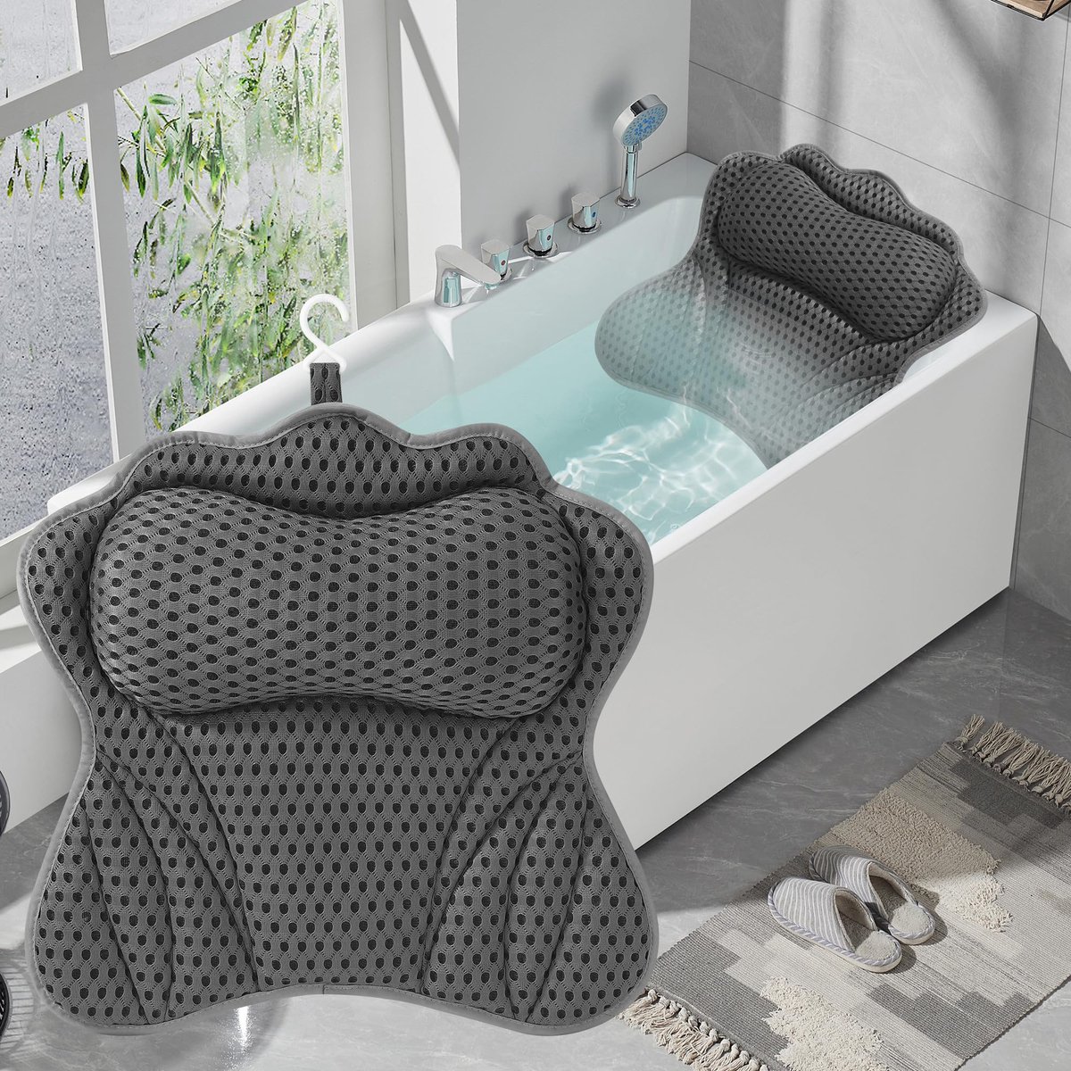 Badkussen, badkussen, antislip, met 4D-Air-mesh-technologie en 6 zuignappen, met hoofd-, nek- en schoudersteun, geschikt voor badkuip, spa, grijs