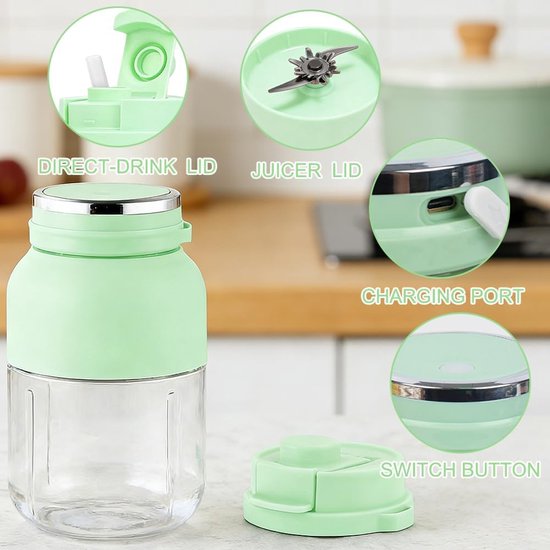 Draagbare Mixer - Smoothie Maker - Onderweg Mixen - 38 Roestvrijstalen Bladen - 1200ml Capaciteit - Lichtgroen — afbeelding 4