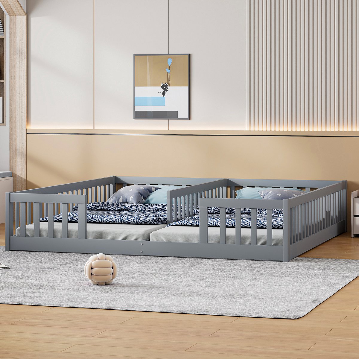 DESMIU Kinderbed 90 x 200 cm Zonder Matras Tweepersoons Bed Met Veiligheidshekje En Lattenbodem Voor Twee Kinderen Grenenhout En MDF Grijs