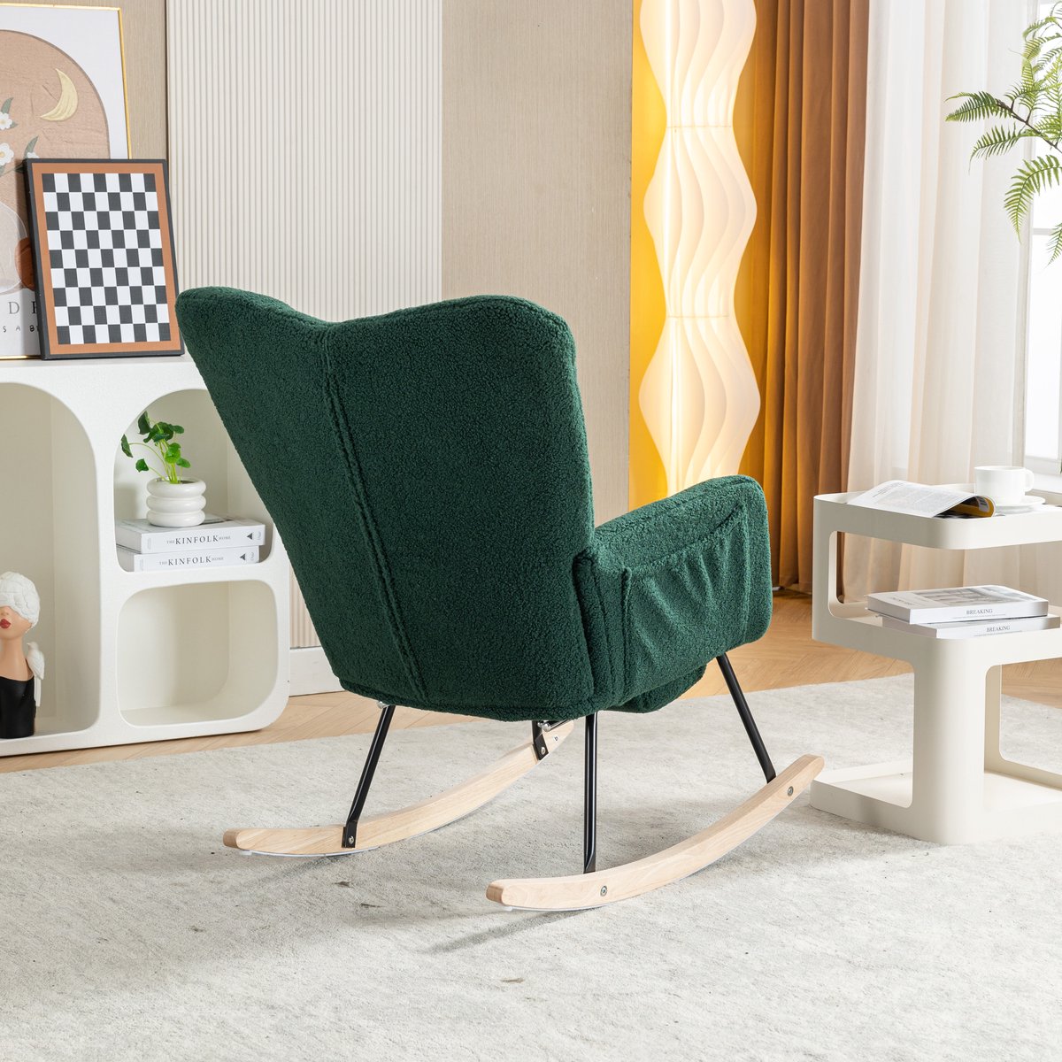 DESMIU Schommelstoel 70 x 123 x 98,5 cm - Met Uitschuifbare Voetensteun En Hoge Rugleuning - Voor Woonkamer En Slaapkamer - Teddy Stof - Groen