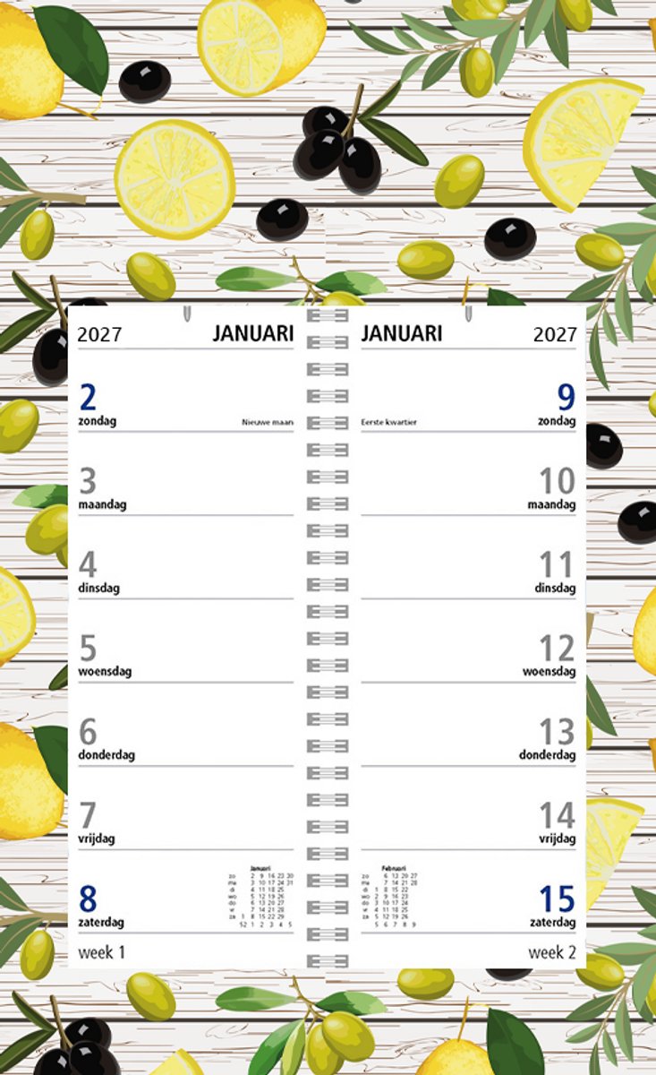 Castelli - omlegweekkalender op schild 2027 - ringband - 2 weken overzicht - formaat 20x33cm - dessin schild Citroen/Olijf