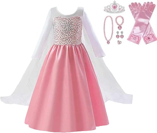 Roze prinsessenjurk met lange witte mouwen en doorzichtige sleep. Met tiara, ketting, oorbellen en handschoenen.
