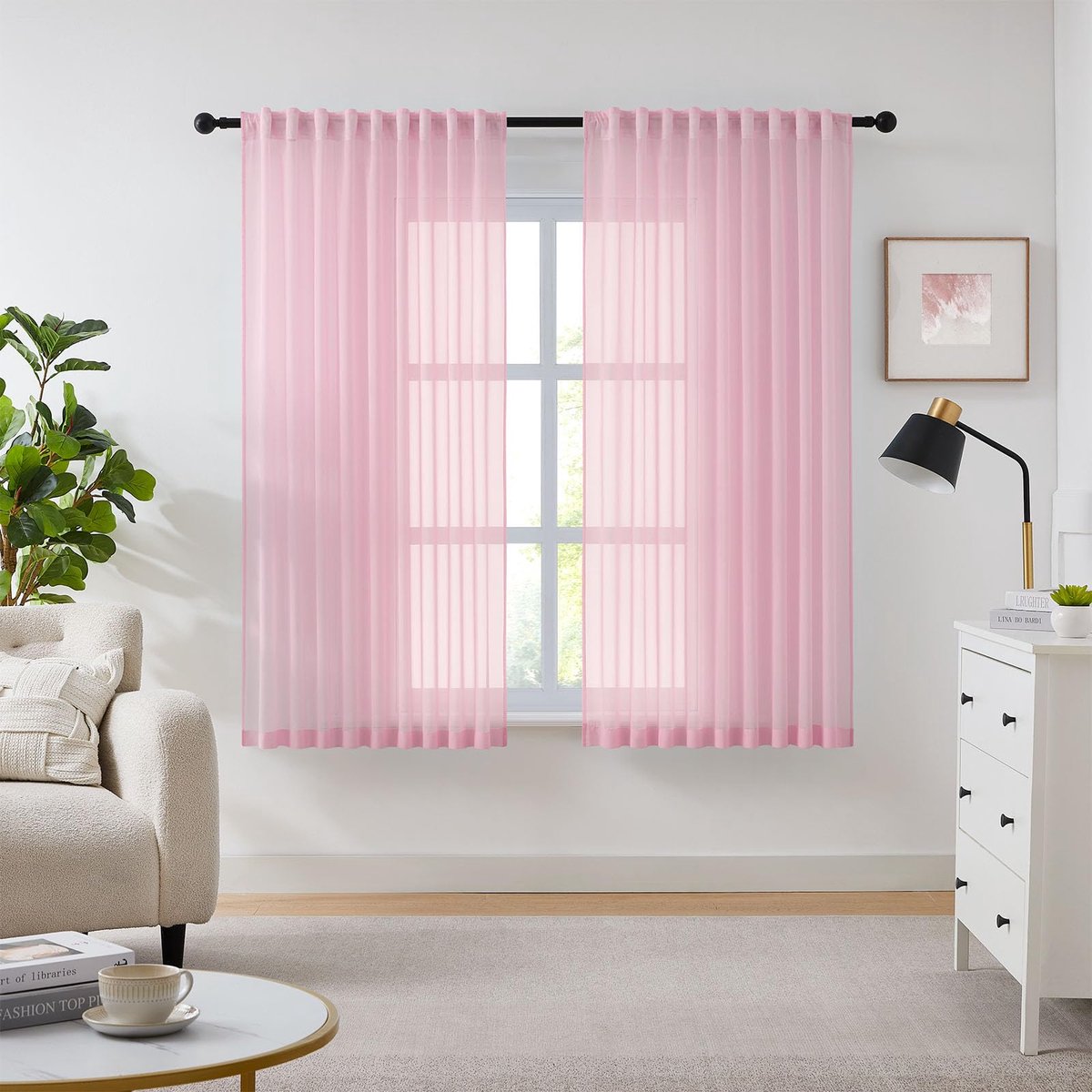 Sheer Gordijn met plooiband, transparant, voor woonkamer, roze, 225 x 137 cm (h x b), 2-delige set