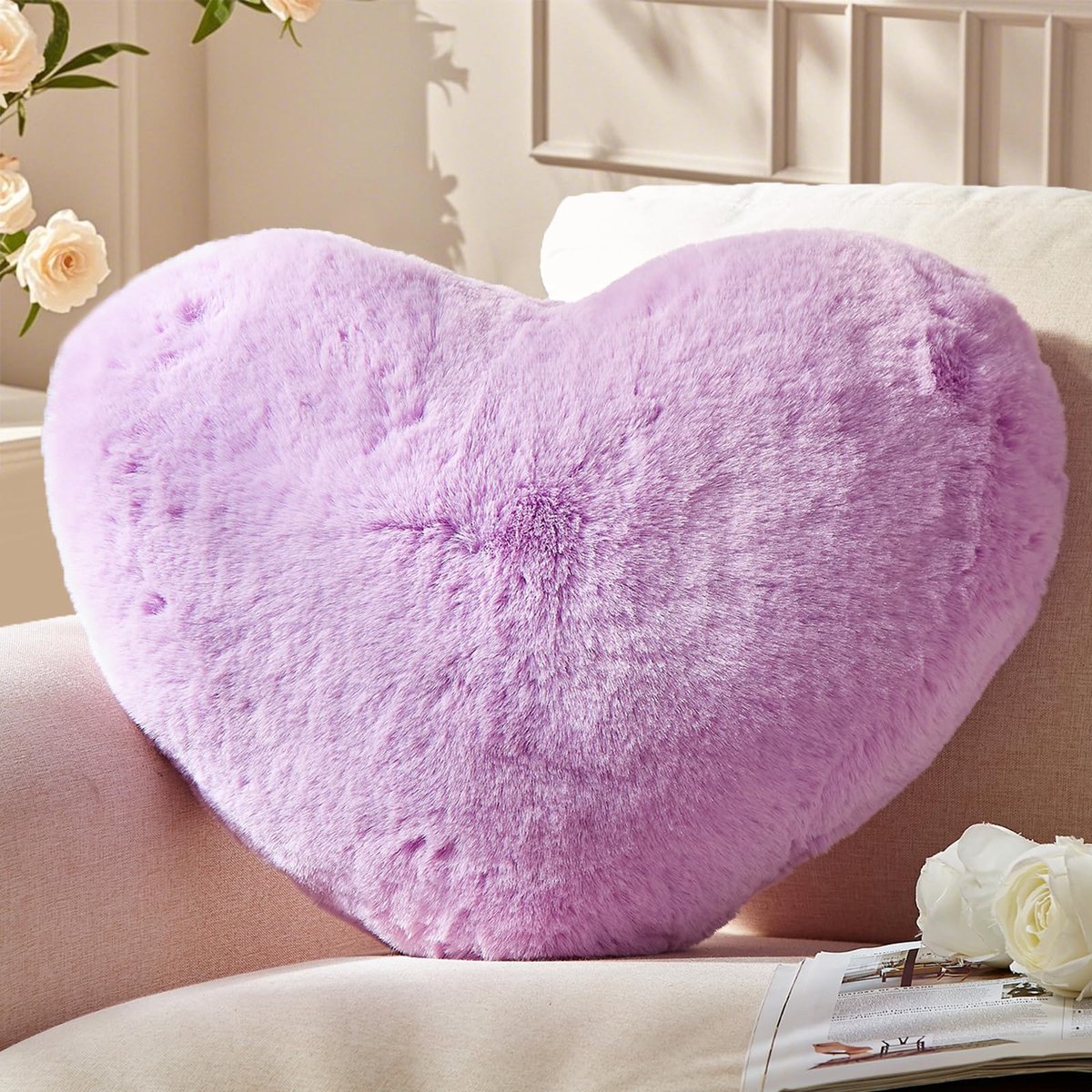 kussen, paars hartvormig kussen, knuffelkussen, liefdessierkussen, esthetisch, pluche kussen voor woonkamer, bank, slaapkamer, bed, cadeau 38 x 48 cm