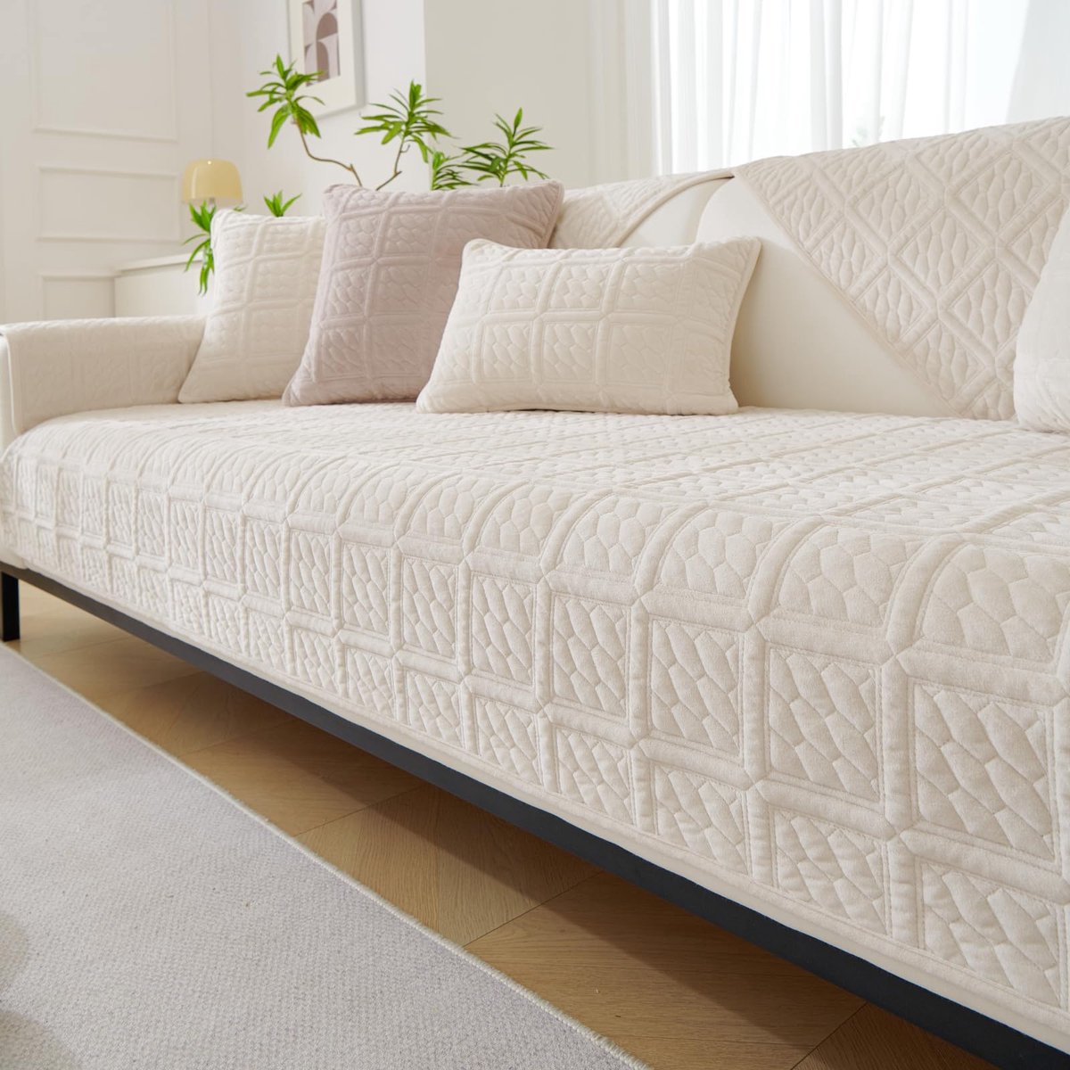 zachte bankhoes voor 1-, 2- of 3-zits, universele bankhoezen, antislip hoekbankhoes, L-vormige bankhoezen, meubelbeschermer voor woonkamer (crèmekleurig, 1 stuk, 90 x 210 cm kussenhoes)