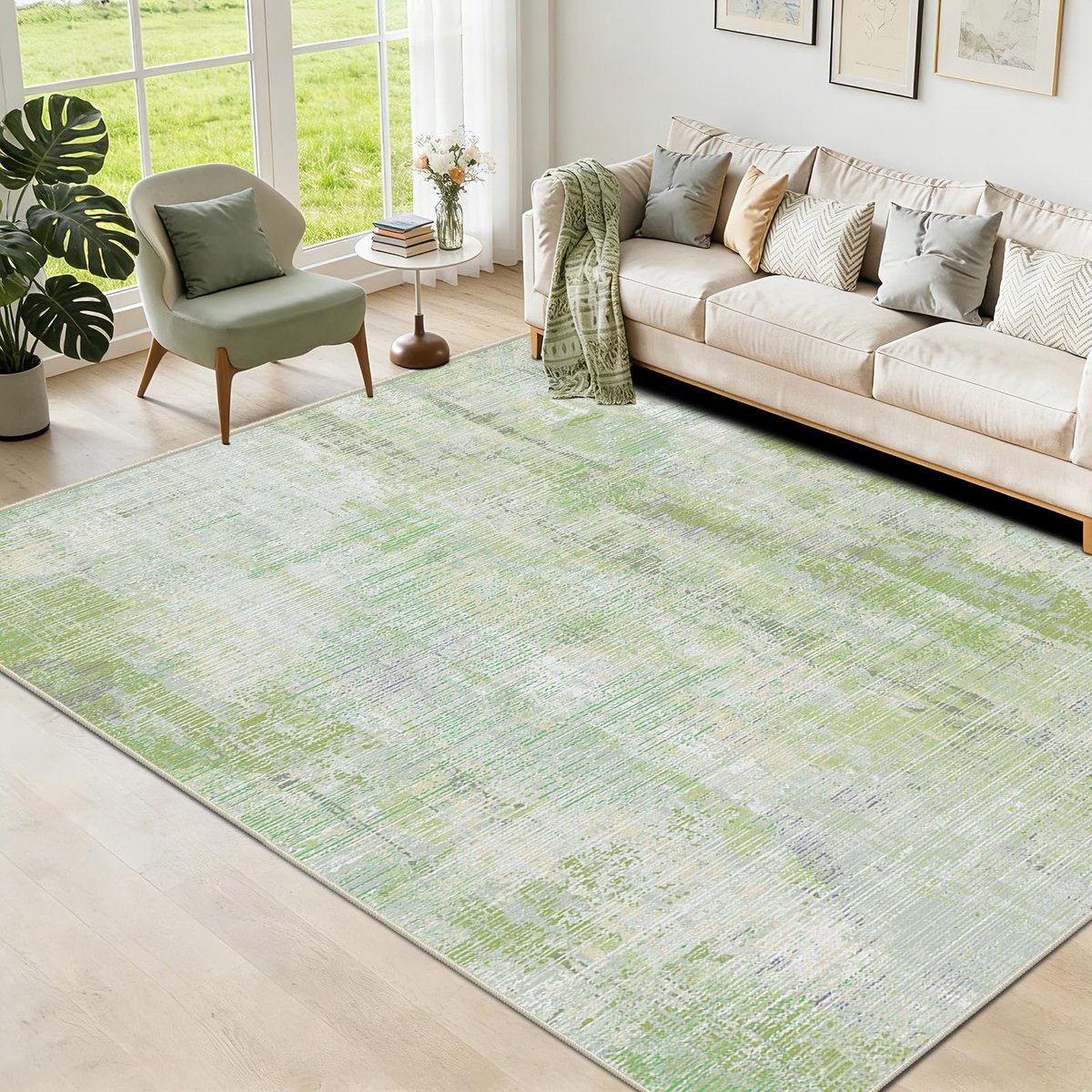 Vloerkleed 120x160cm,Modern Abstract Tapijt,Zacht Kortpolig Kleed voor Woonkamer,Antislip Natuurlijk Design Mat,Rustgevend Saliegroen Interieur