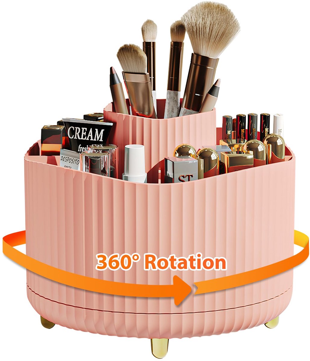 360° Draaibare Make-Up Borstel Houder Organizer, Make-Up Organizer voor Slaapkamer, Cosmetica Borstel Houder voor Badkamer, Cosmetisch Opbergdoos voor Kwasten, Lippenstift, Mascara (Roze)