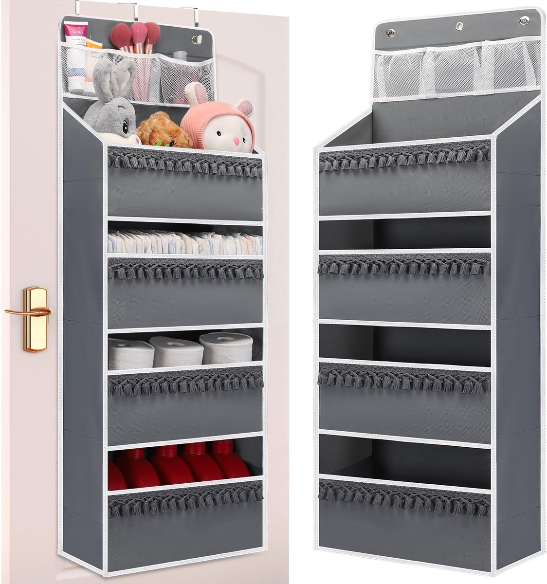 Deur organizer – boho kinderkamer hangende organizer met kwastjes – opslag achter de deur voor slaapkamer, badkamer, kast, slaapzaal, eetkamer, babyluiers, speelgoed (grijs)