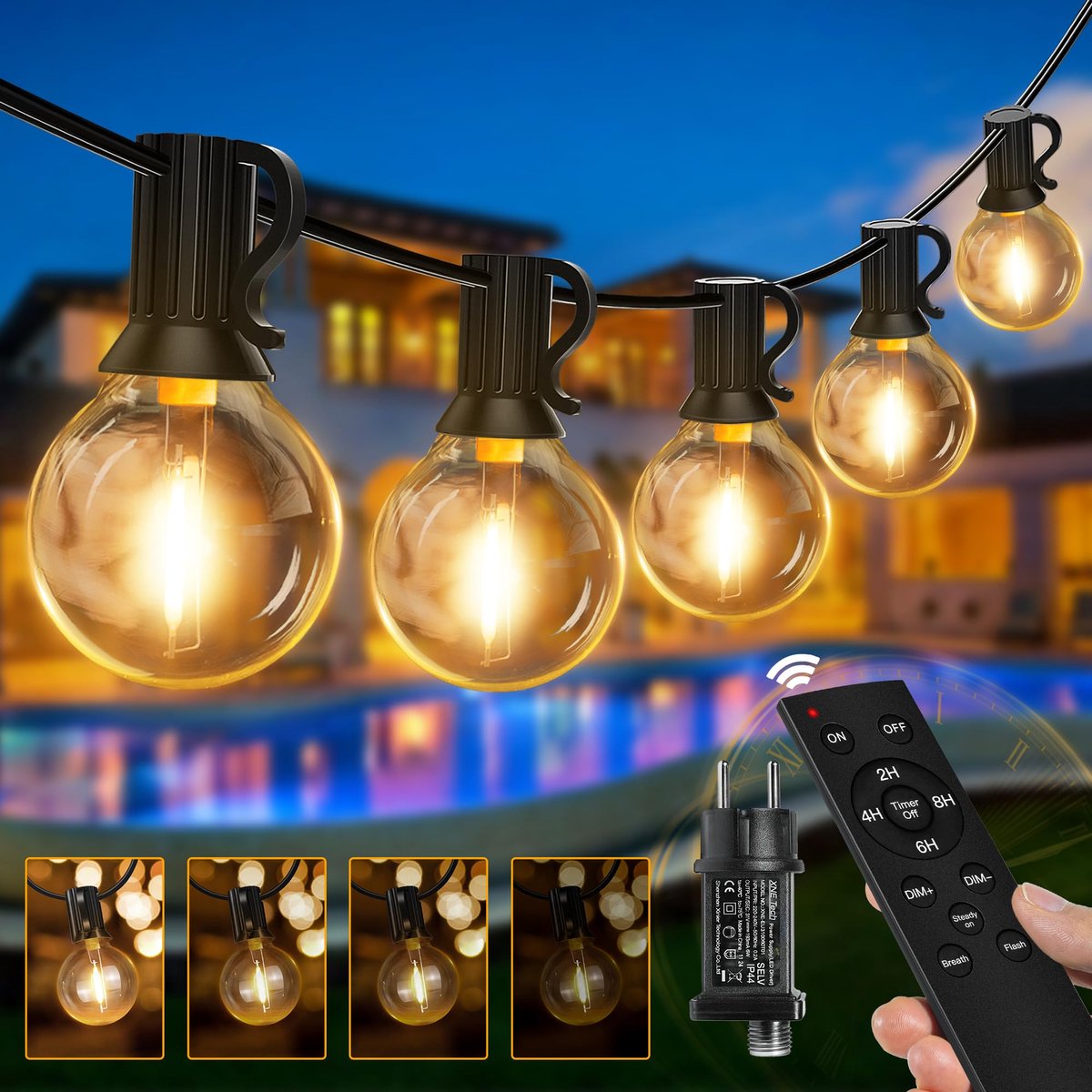 Lichtsnoer voor buiten, dimbaar, 20 m, met 25 + 2 G40 gloeilampen, lichtketting voor buiten, stroom, met afstandsbediening, IP45, voor tuin, camping, paviljoen, terras, bruiloften, feesten