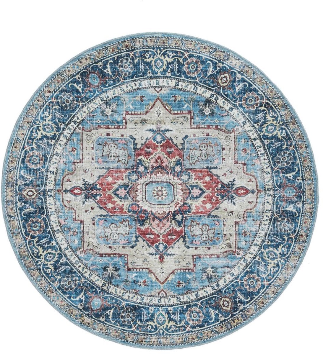 Georgia Oriental, Vloerkleed, Oosterse, Ø 120 cm, Rond, Laagpolig, Woonkamer, Slaapkamer, Hal, Machinewas, Blauw/Multi