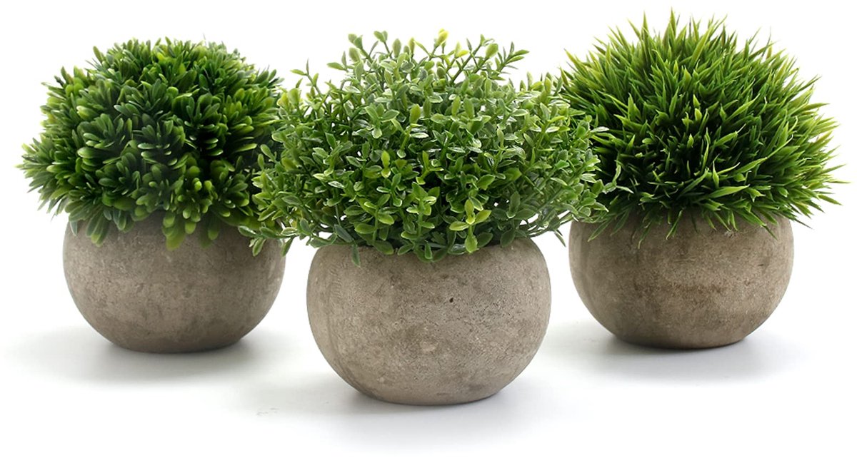 Kunstplant 3 Stuks met Grijze pot, 9,5 x 13 Mini Binnen en Buiten Plastic Nep Groen Gras, voor Woonkamer Balkon Dadkamer Kantoor Bruiloft Decoratief, Voortreffelijk Nieuw Huis Cadeau