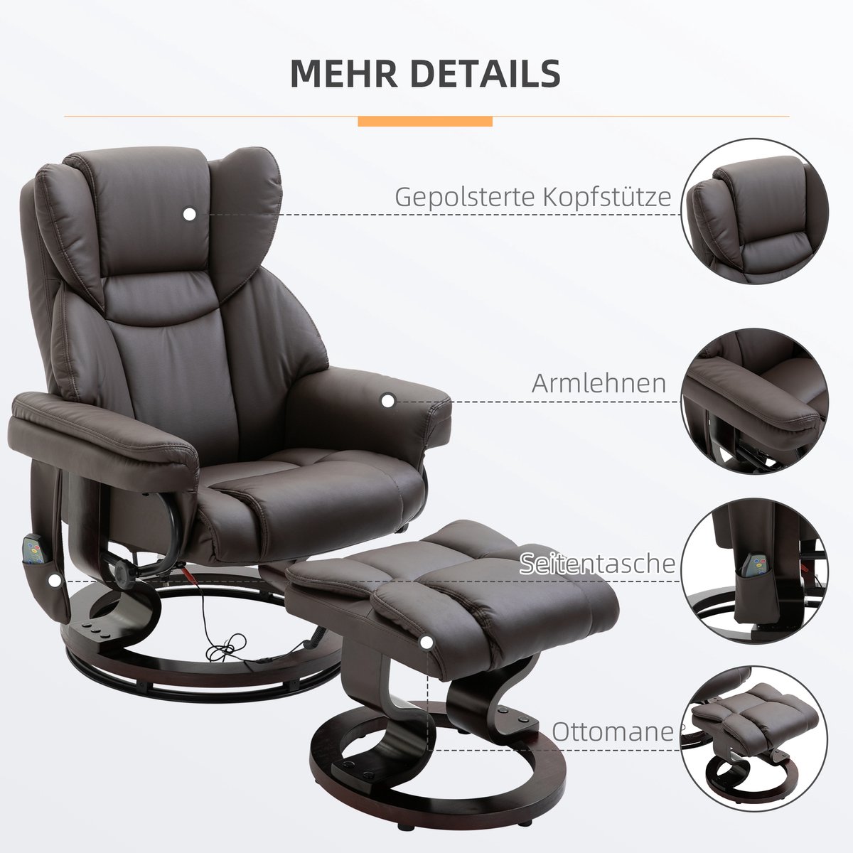 HAUSS SPOLE Relaxfauteuil Massagestoel Met Voetbank En Ligfunctie Voor Ontspanning En Woonkamer Kunstleer Bruin 360 Graden Draaibaar