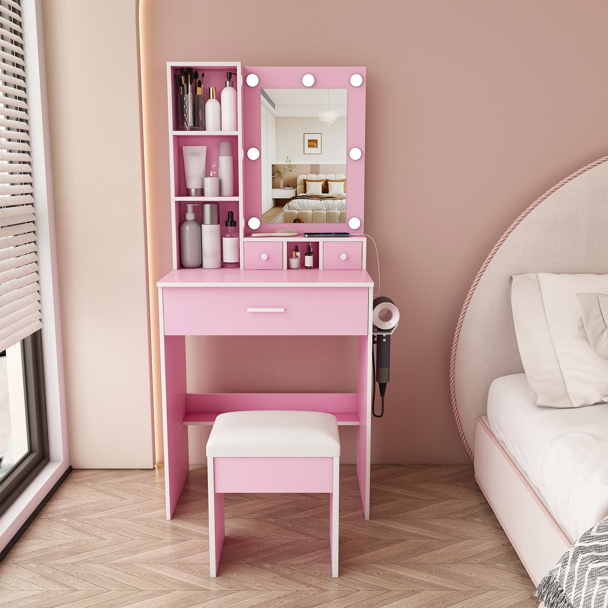 KOMHTOM Kaptafel met Spiegel - LED Verlichting - Stopcontact en Haardrogerhouder - Roze Gestoffeerde Kruk - 3 Lades - 60x131.5x38 cm
