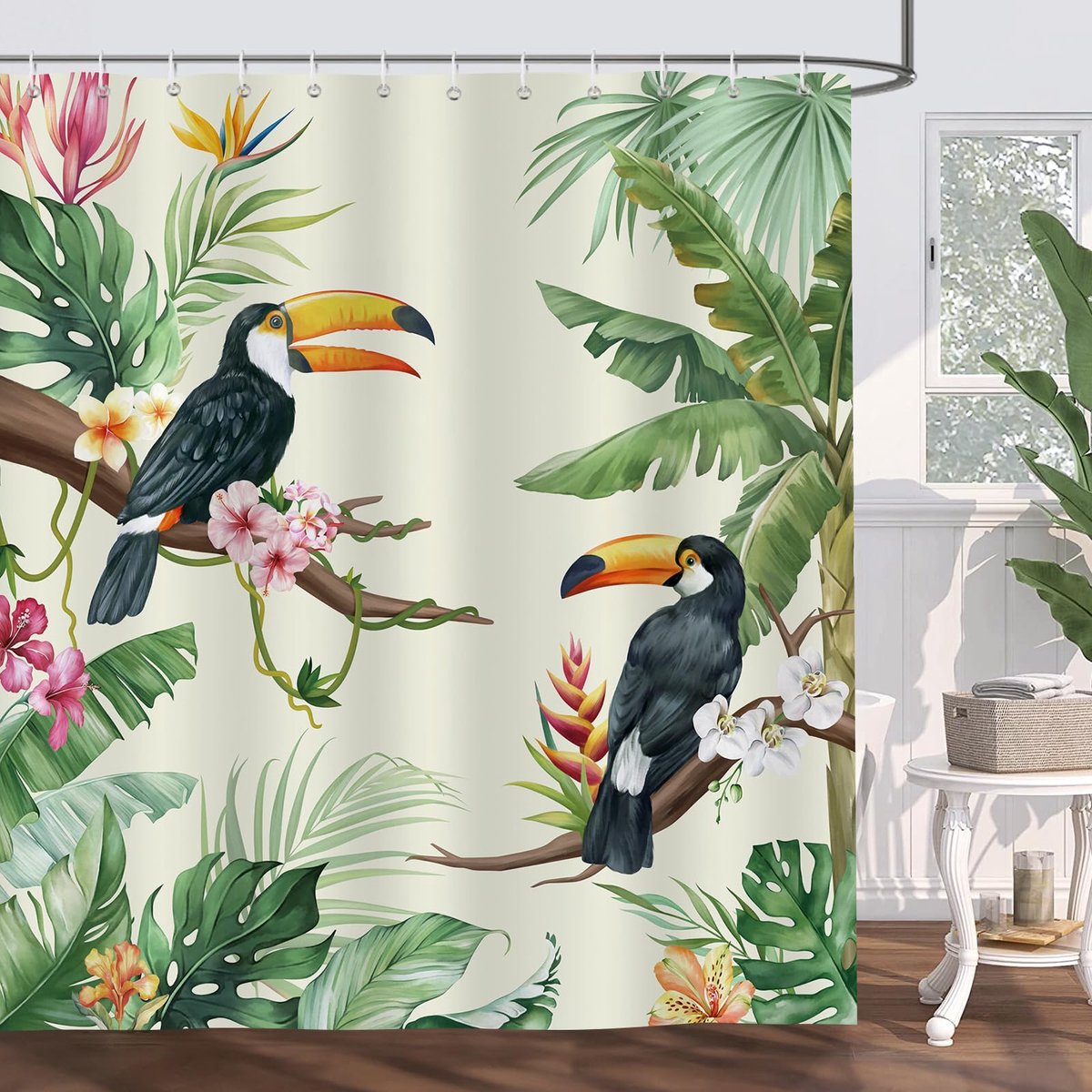 Douchegordijn met tropische vogels, bladeren, toekan, groene planten, 180 x 180 cm, schimmelwerend, waterdicht, polyester, wasbaar, badkamergordijn voor badkamer, met 12 haken