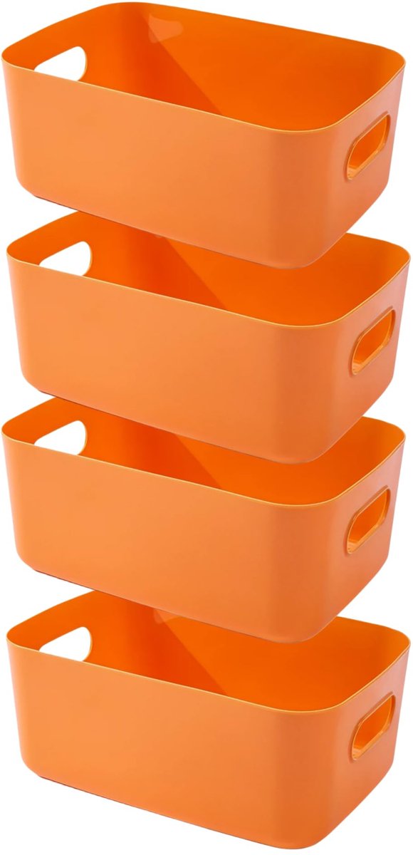 4 Opbergdoos,Kunststof Opbergmand met Handgrepen,Keukenkast,Opbergdoos,Kunststof Doos Organizer box voor Badkamer,Keuken (Oranje, 20×15×7 cm)