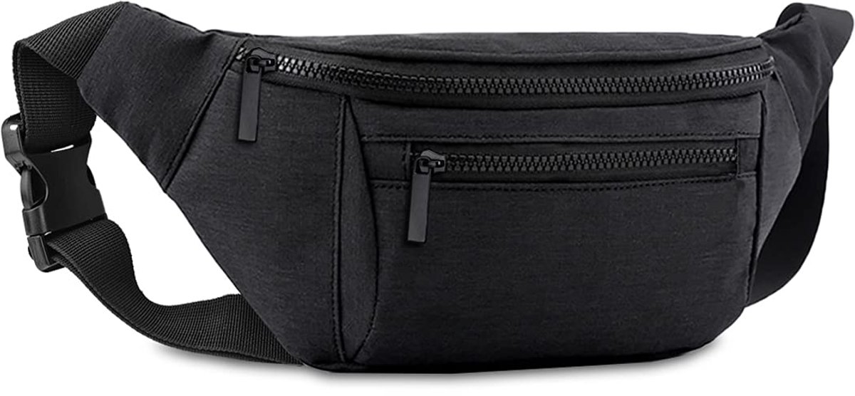 Heuptas Dames & Heren - heuptasje dames - Crossbody Tas - Waterafstotende Fanny Pack met 4 Ritsvakken - Verstelbare Schoudertas voor Reizen, Wandelen, Hardlopen & Fietsen - Zwart