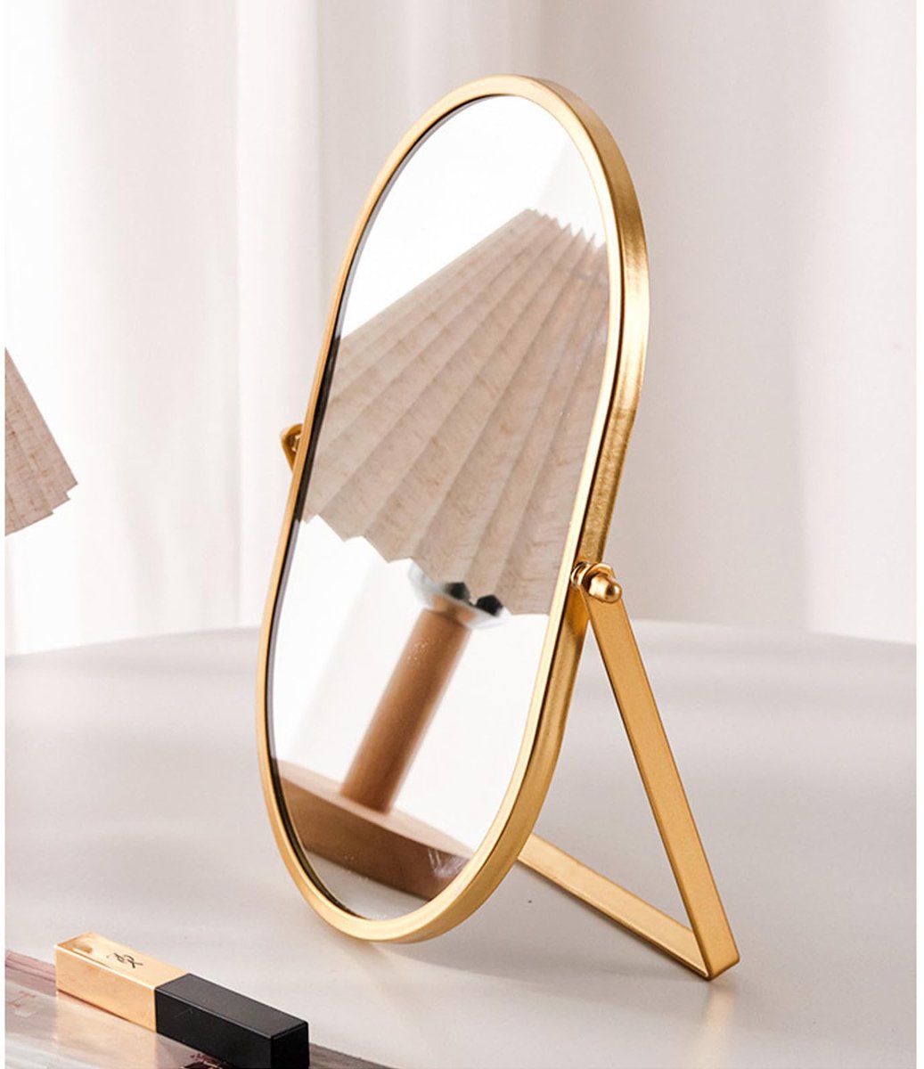 tafelspiegel, 90 graden kantelbaar, goud, ovaal, metalen frame, draagbaar, eenzijdig hoogglans, voor make-uptafel, woonkamer, slaapkamer, kantoor