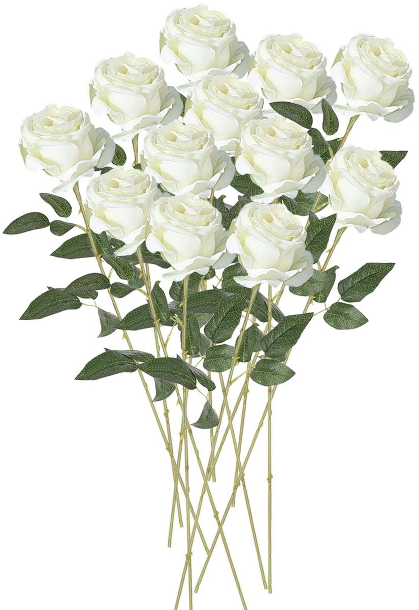 12 takken kunstrozen voor decoraties, 52 cm, boeket, kunstbloemen met groene bladeren in roze kunstbloemen voor huis, bruiloft, feest, tuin (wit)