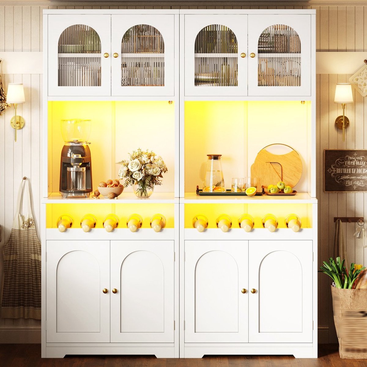 KOMHTOM Dressoir - Set van 2 - Wit - 180cm Hoog - Met RGB LED Verlichting - Glazen Deuren - Wijnrek - Met Verstelbare Legplanken - Kantelbeveiliging - Woonkamer Kast - Moderne Opbergkast