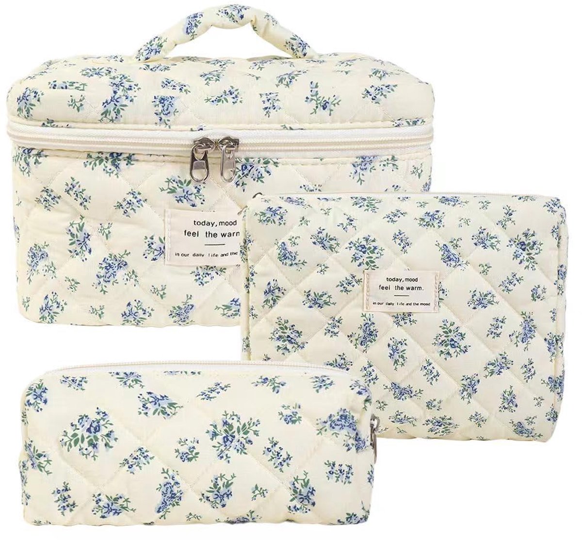 Opbergtas voor make-up, gewatteerde toilettas met bloemenpatroon, reiscosmetische tas, grote set voor toiletartikelen, cosmetica, accessoires, A