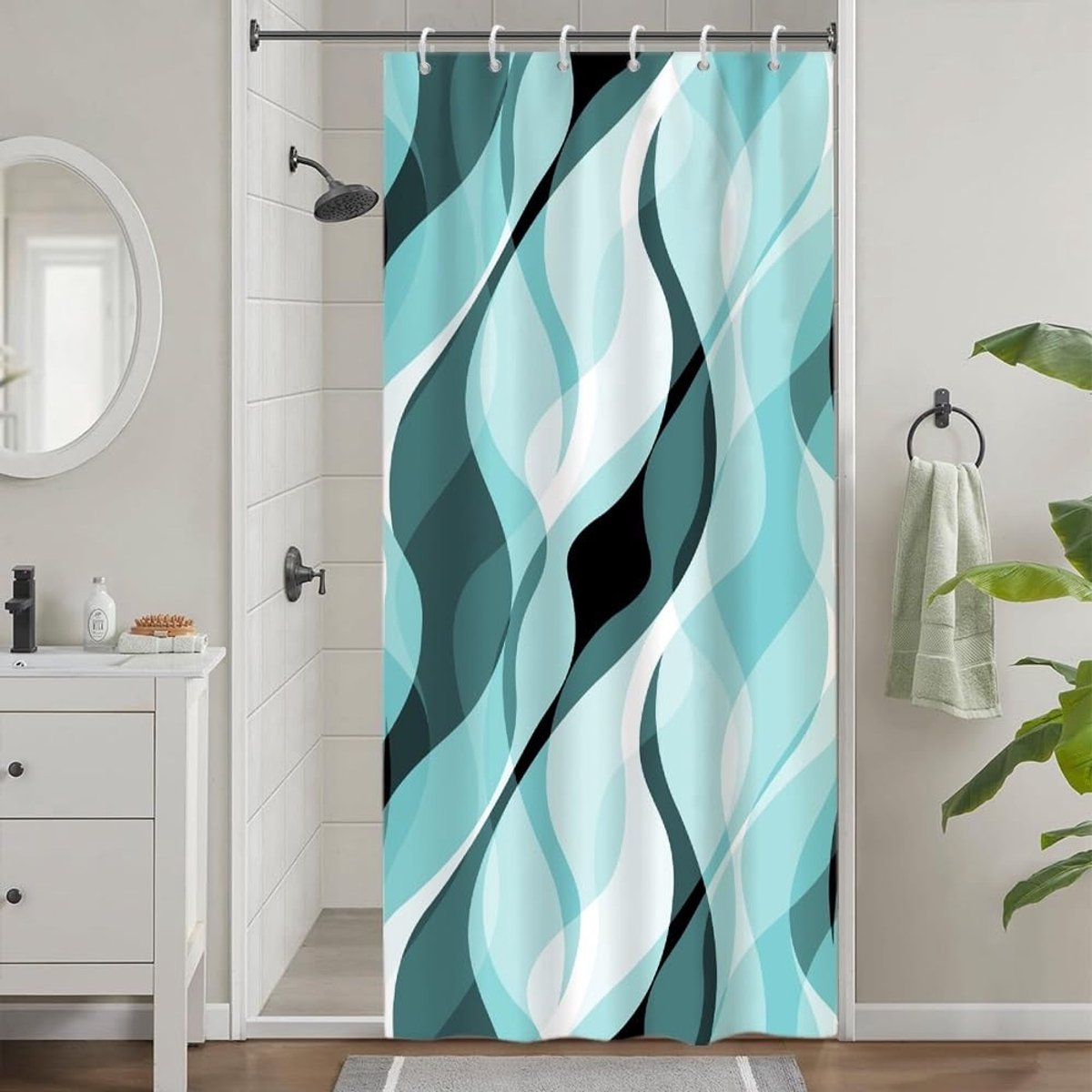 Douchegordijn, turquoise, smal douchegordijn, 90 x 180 cm, anti-schimmel, blauw groen, kleurverloop, strepen, korte stof, wasbaar, waterdicht, badgordijn met 6 haken, voor badkamer