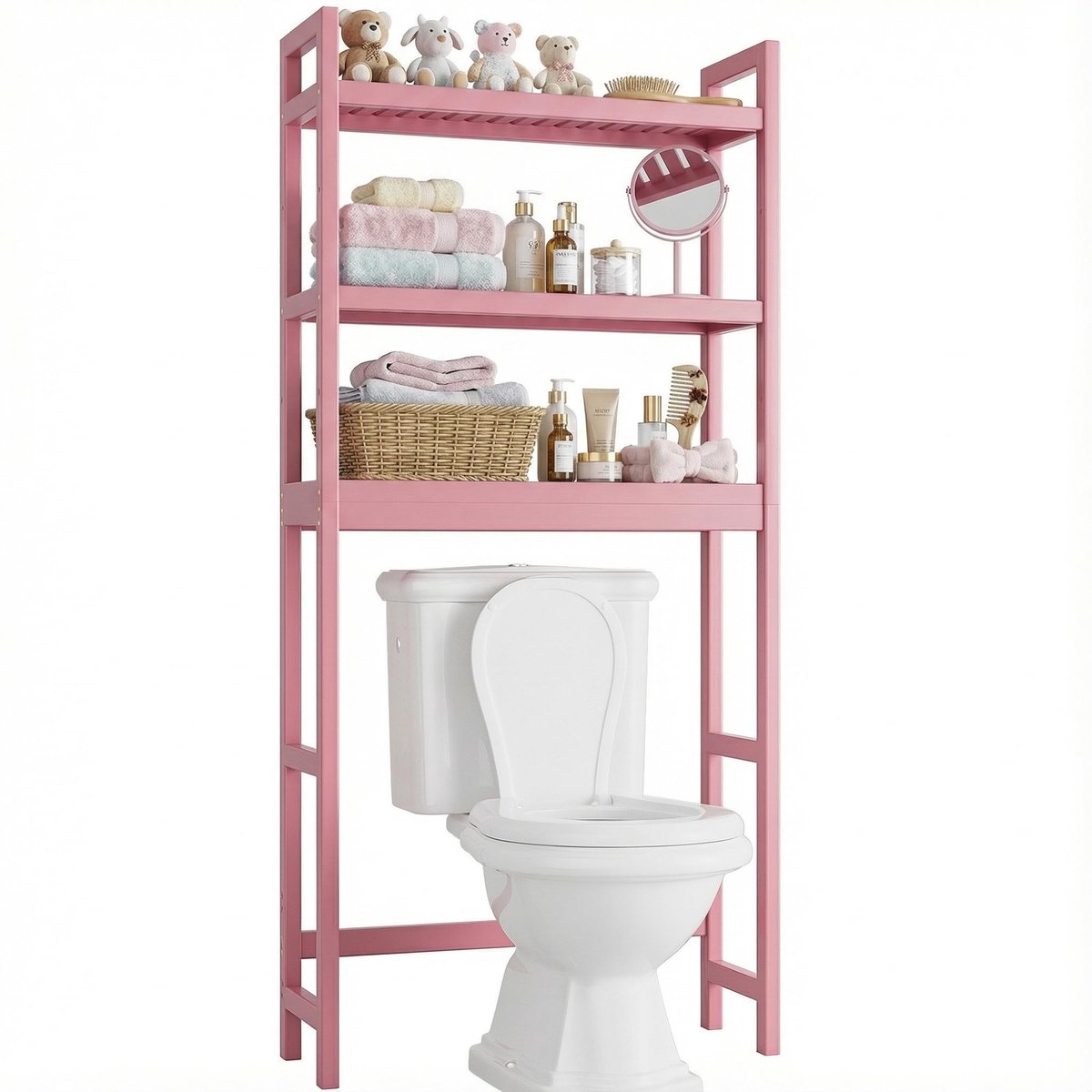 badkamer opbergplank, bamboe over-het-toilet organizerrek, vrijstaand toilet ruimtebesparend met 3-laags verstelbare planken (roze)