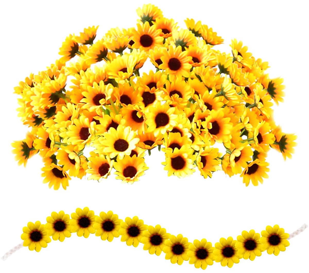 100 kunstzonnebloemkoppen, met 1 gevlochten zonnebloemhaarband, 4 cm kunstbloemkoppen, feestdecoratie, mini-zijden doek, geschikt voor bruiloften en kantoren