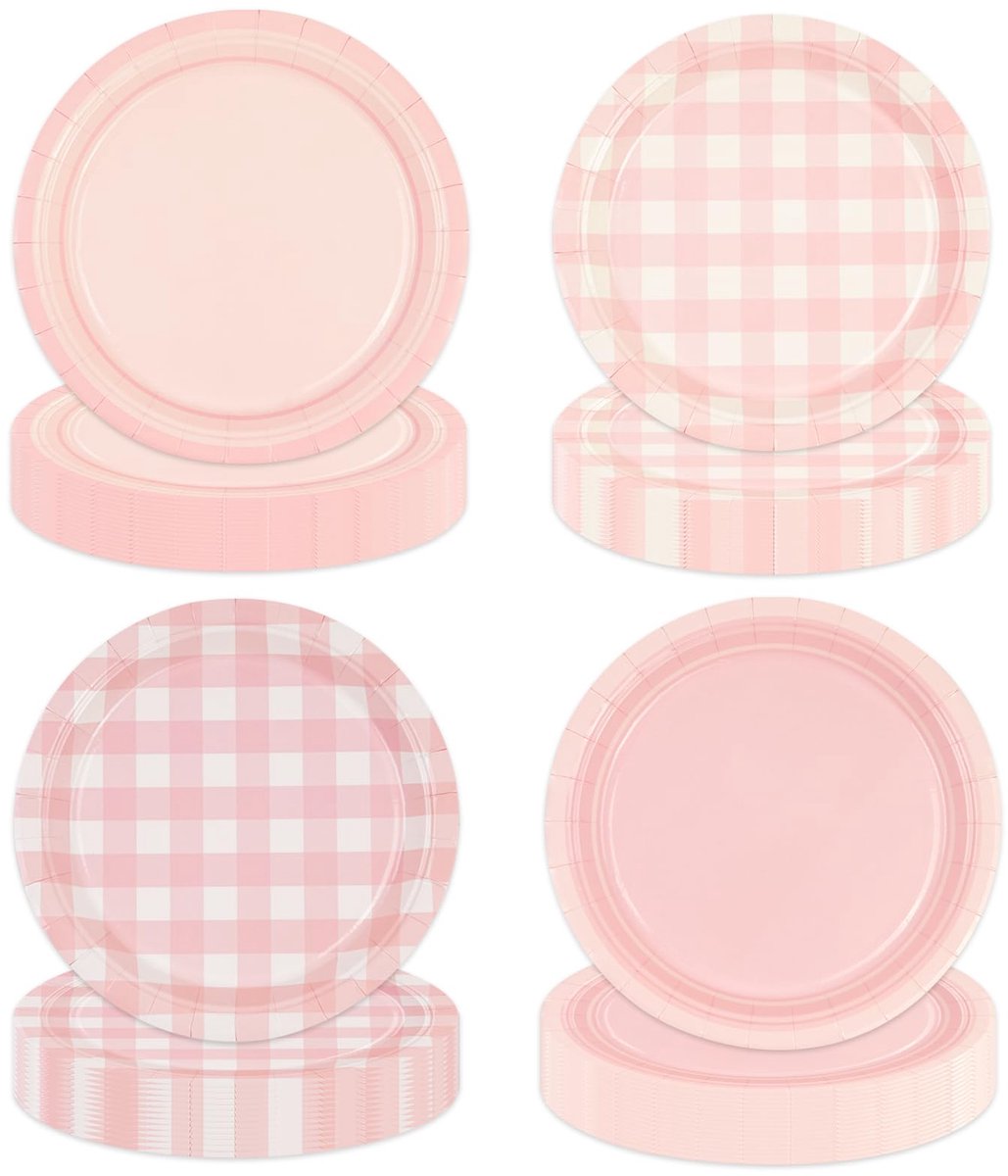 48 stuks Roze Dessert Geboortedag Papieren Borden, 17,8 cm Wegwerp Borden met geruite plaid patroon voor verjaardagen, babyshowers, bruiloften, camping en themafeesten, 4 verschillende