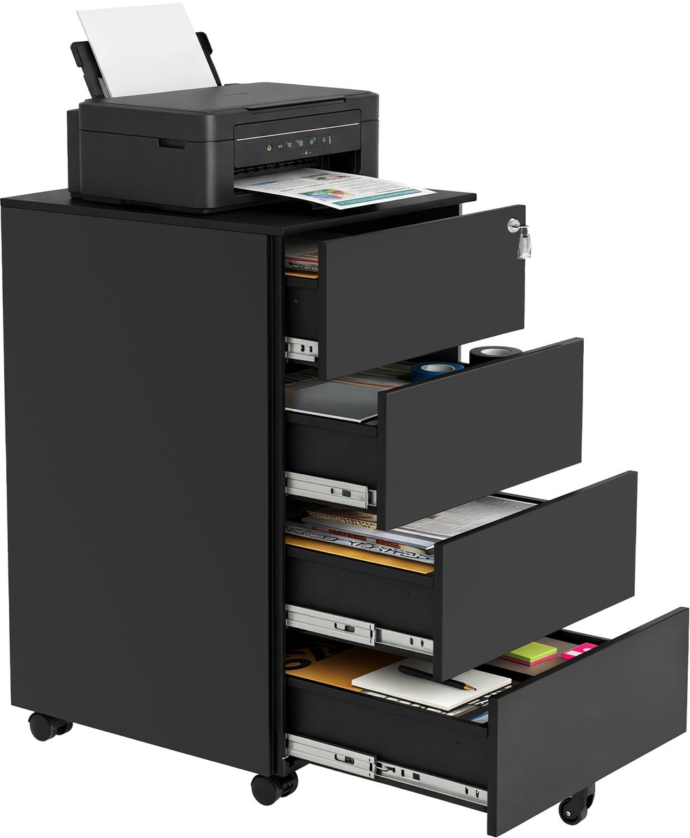 SONGMICS - Archiefkast - Rollcontainer Metalen Kast - Mobiele Archiefkast - 4 Lades