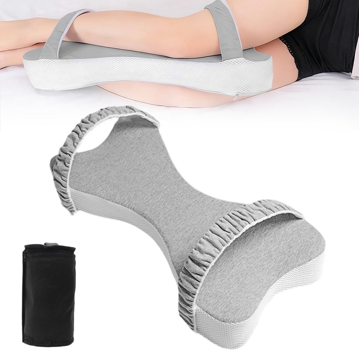 Kniekussen voor zijslapers, orthopedisch, zijslaapkussen, kniekussen om te slapen, ergonomisch beenkussen, traagschuim kussen met wasbare overtrek, 53 x 23 x 8 cm (grijs)