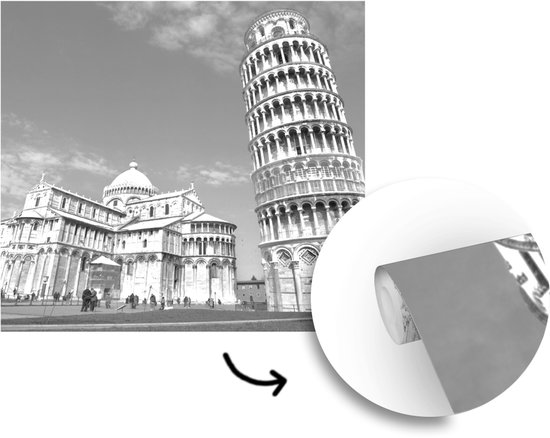 Behang - Fotobehang Zwart-wit beeld toren van Pisa naast oude kathedraal - Breedte 350 cm x hoogte 350 cm