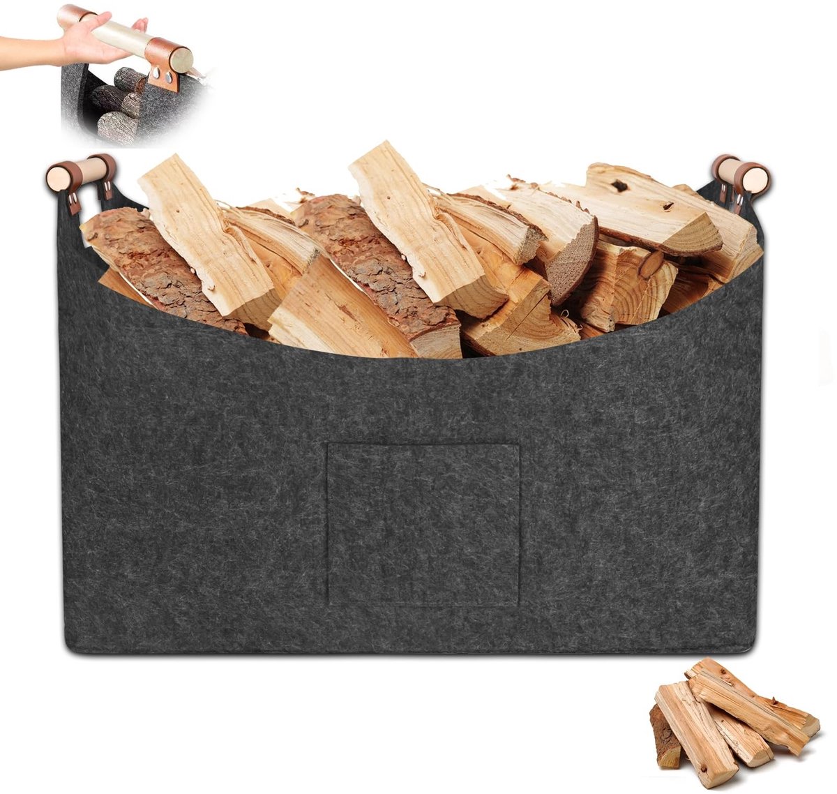 Dailygoods - XXXL Houten mand voor haardhout, 100 liter, 60 x 40 x 40 cm, met antislip handgrepen en voorvak, opvouwbare vilten mand, haardhout voor boodschappen, hout, kranten of brandhout