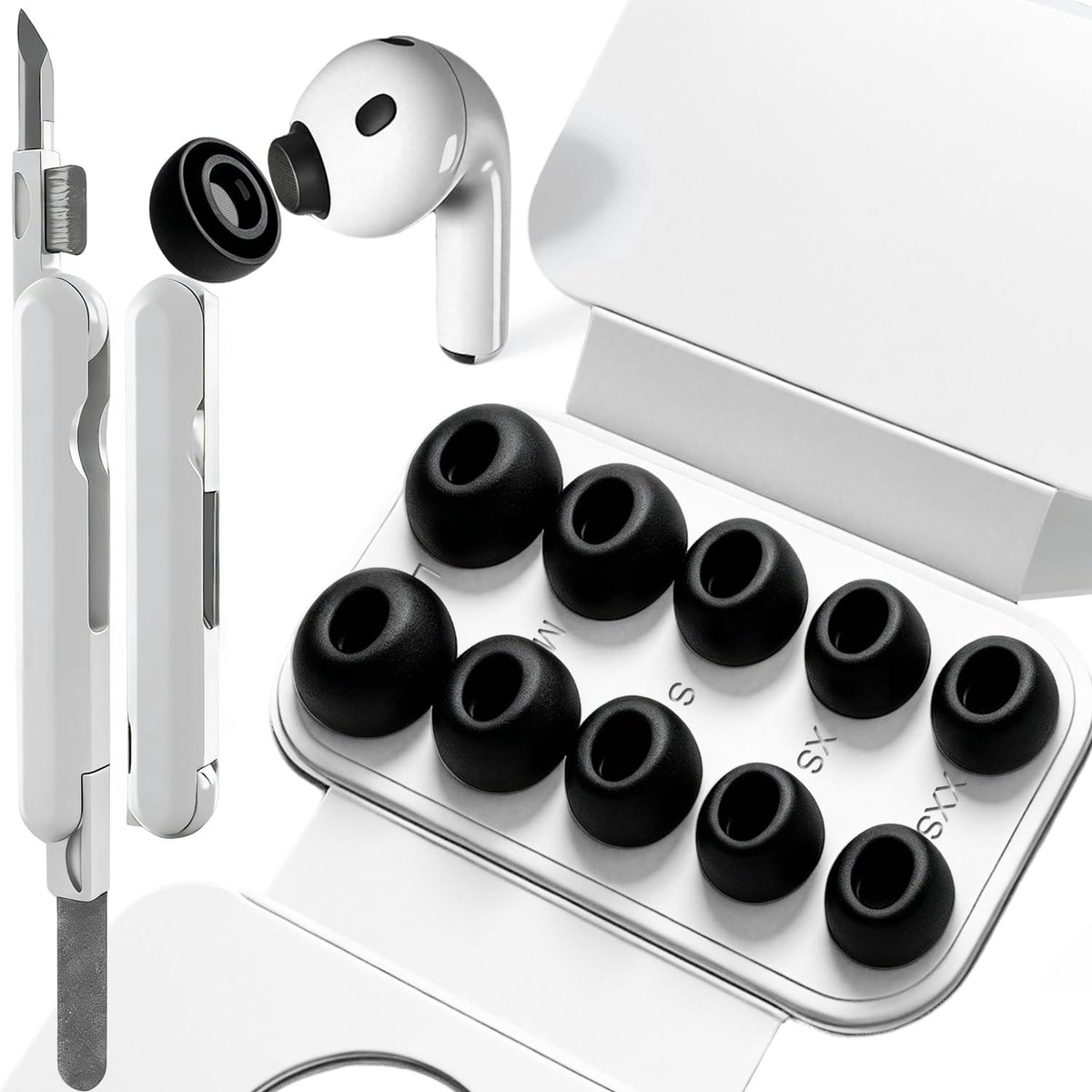 5 maten siliconen tips voor AirPods Pro, 3 oordopjes, tips met reinigingsset, accessoires en draagbare opbergdoos, dragen zonder pijn, geluidsreductie gat (XXS/XS/S/M/L)-zwart