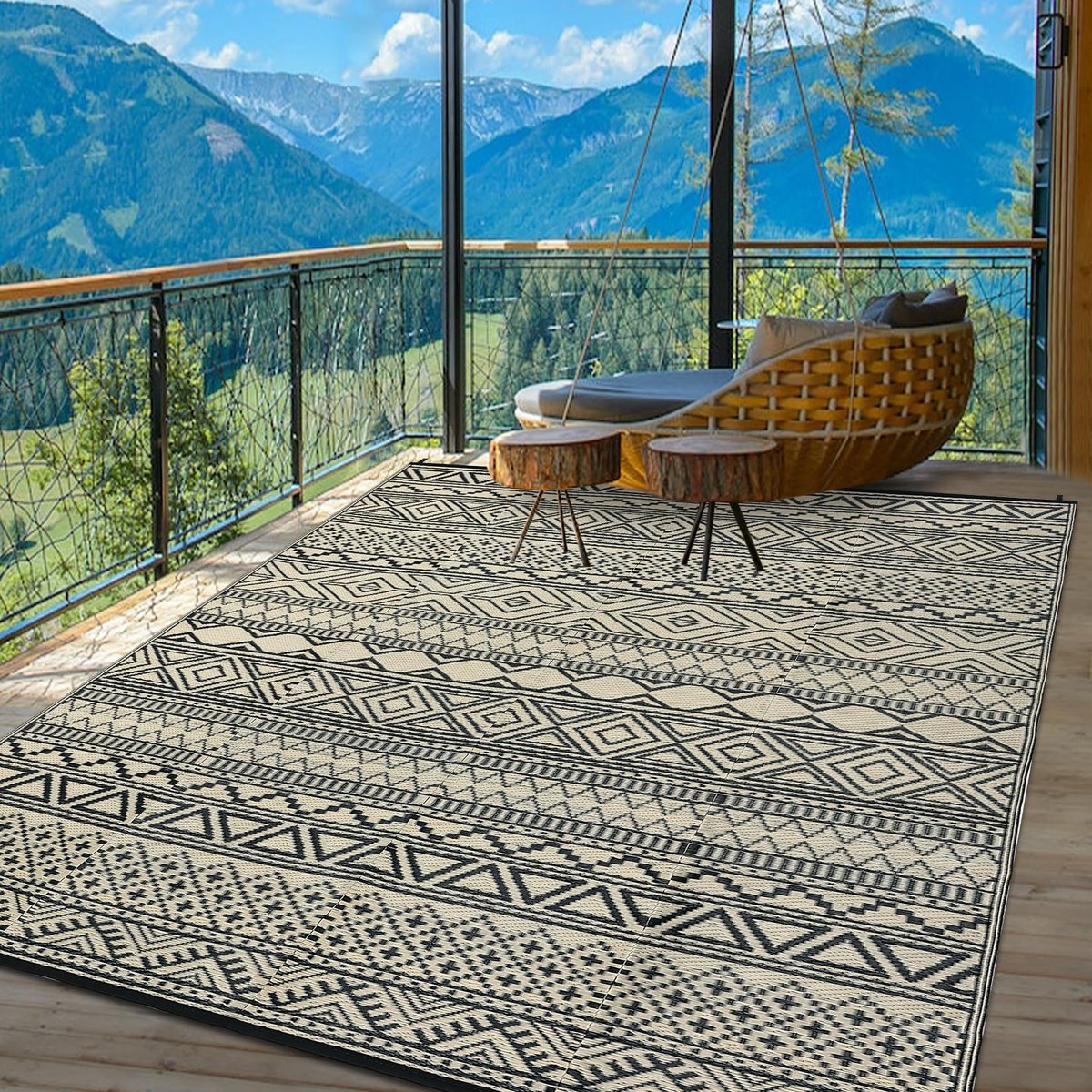 Waterdicht buitentapijt, opvouwbaar, plastic strotapijt, mat voor kamperen, boho, geometrisch, buiten, omkeerbare mat, tapijt, achtertuin, balkon, terras, camper, veranda, zwart/koffie