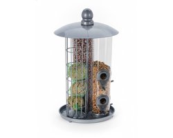 Vogelvoederhuis met 1 kg strooivoer voor Tuinvogels - 3-in-1 Voedersysteem voor Vetbollen, Pinda's - Trek Meer Vogels naar je Tuin - Robuust Voederstation Makkelijk op te Hangen en Schoon te Maken - Pindasilo, Vetbolhouder - animalking - Grijs