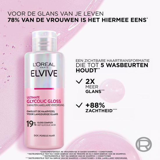 Flacon L'Oréal Paris Elvive Ultimate Glycolic Gloss Soin Lamellaire 5 Minutes avec 19% de complexe brillant. Pour des cheveux brillants et doux.