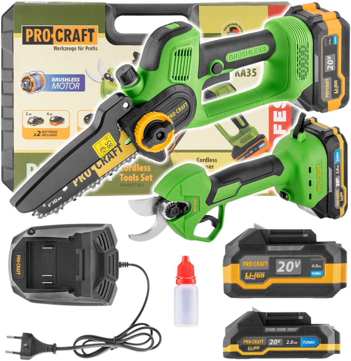Procraft PA168SET accu-tuingereedschapsset 20 V PKA35Li accu-minikettingzaag + ES25Li accu-takkenschaar + 2x accu 2,0 / 4,0 Ah + oplader + koffer