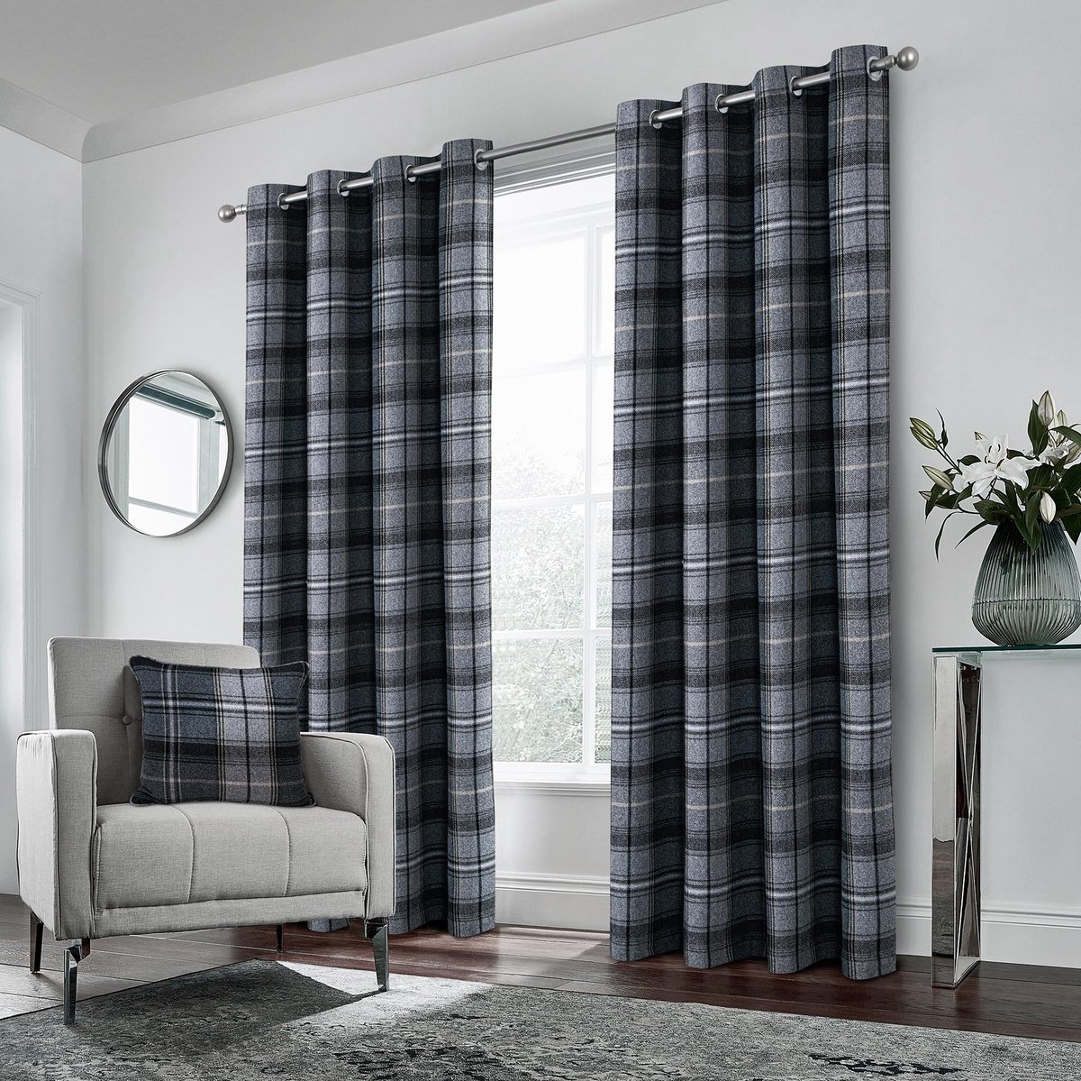 always4u Geruit gordijn, 100% verduisterend, warmte-isolerend, met oogjes, dubbele gordijnen van kunstwol, voor slaapkamer, woonkamer, modern, L 140 x H 245 cm, grijs/zwart, 2 stuks