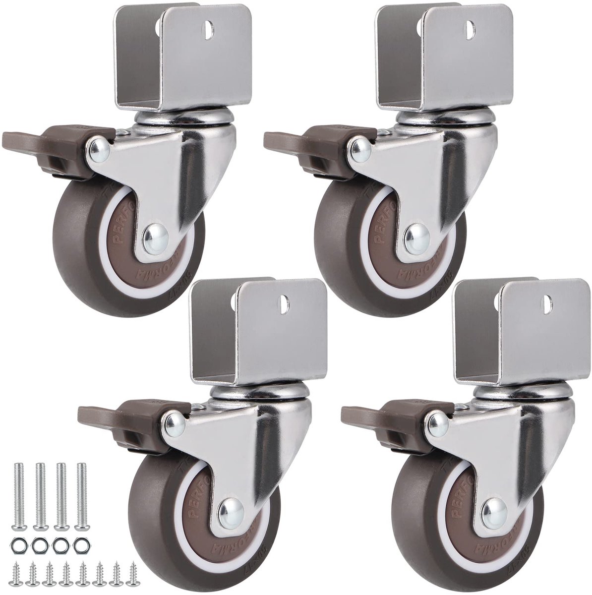 Zwenkwielen, wielen voor meubels, 50 mm, wielen met rubberen rem, opening van de plaat 20 mm, draagvermogen 27 kg per wiel
