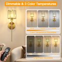 Gouden wandlamp met kristallen lampenkap in verschillende dimbare kleurtemperaturen (3000K, 4000K, 6000K) en helderheid (10%-100%).