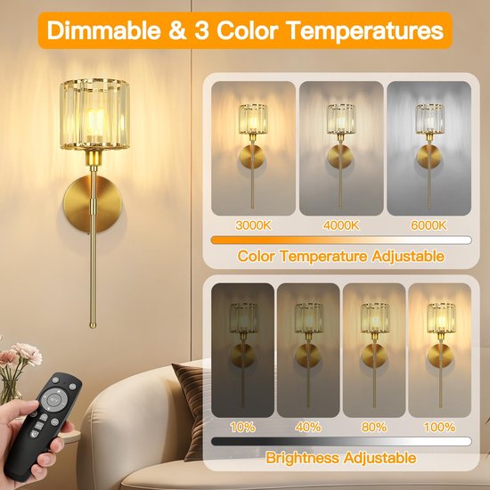 Gouden wandlamp met kristallen lampenkap in verschillende dimbare kleurtemperaturen (3000K, 4000K, 6000K) en helderheid (10%-100%).