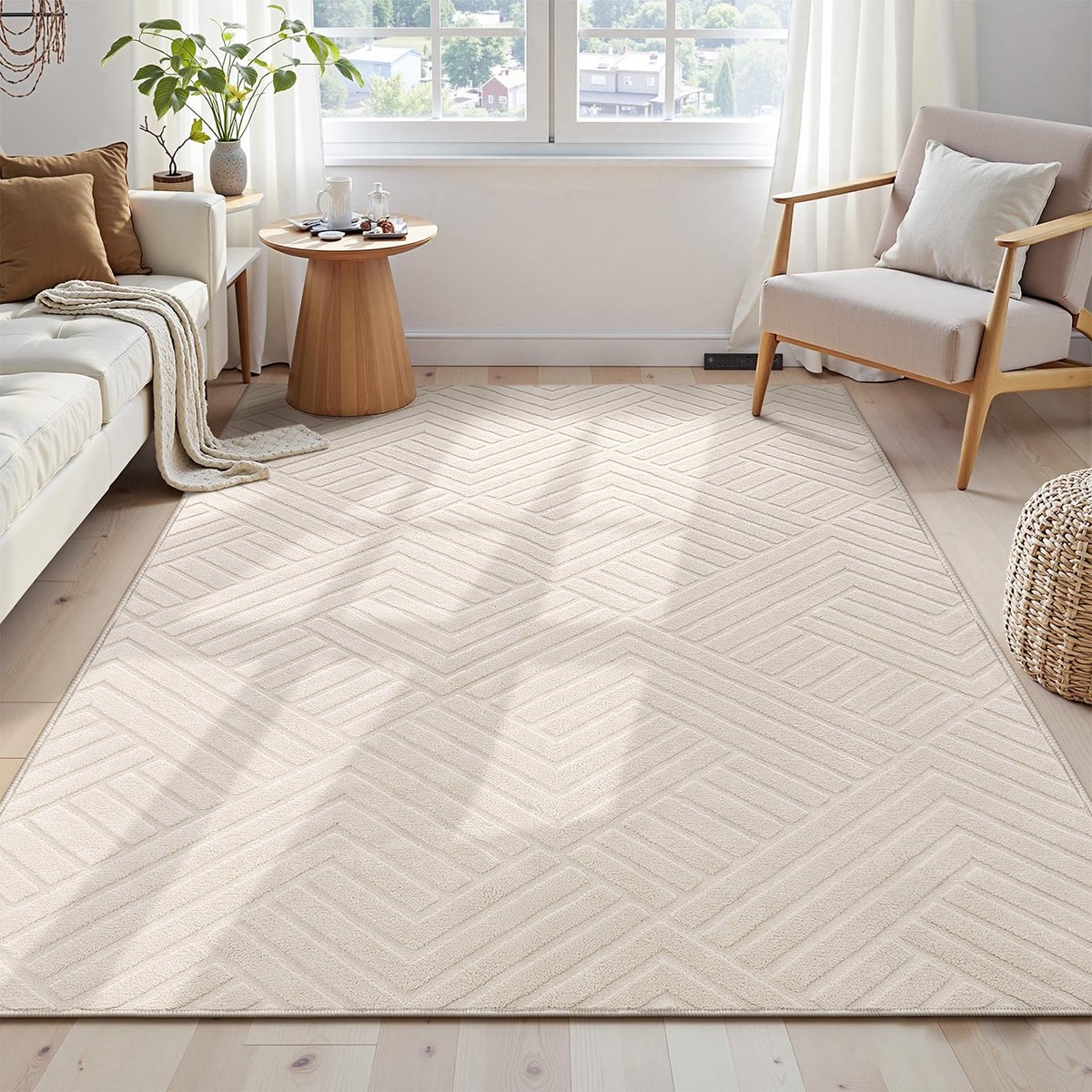 Wasbaar vloerkleden voor de woonkamer, 120 x 160 cm, modern zacht laagpolig pluizig vloerkleed, antislip geometrisch tapijt, grote loungetapijt voor slaapkamer, eetkamer, kantoor, crème