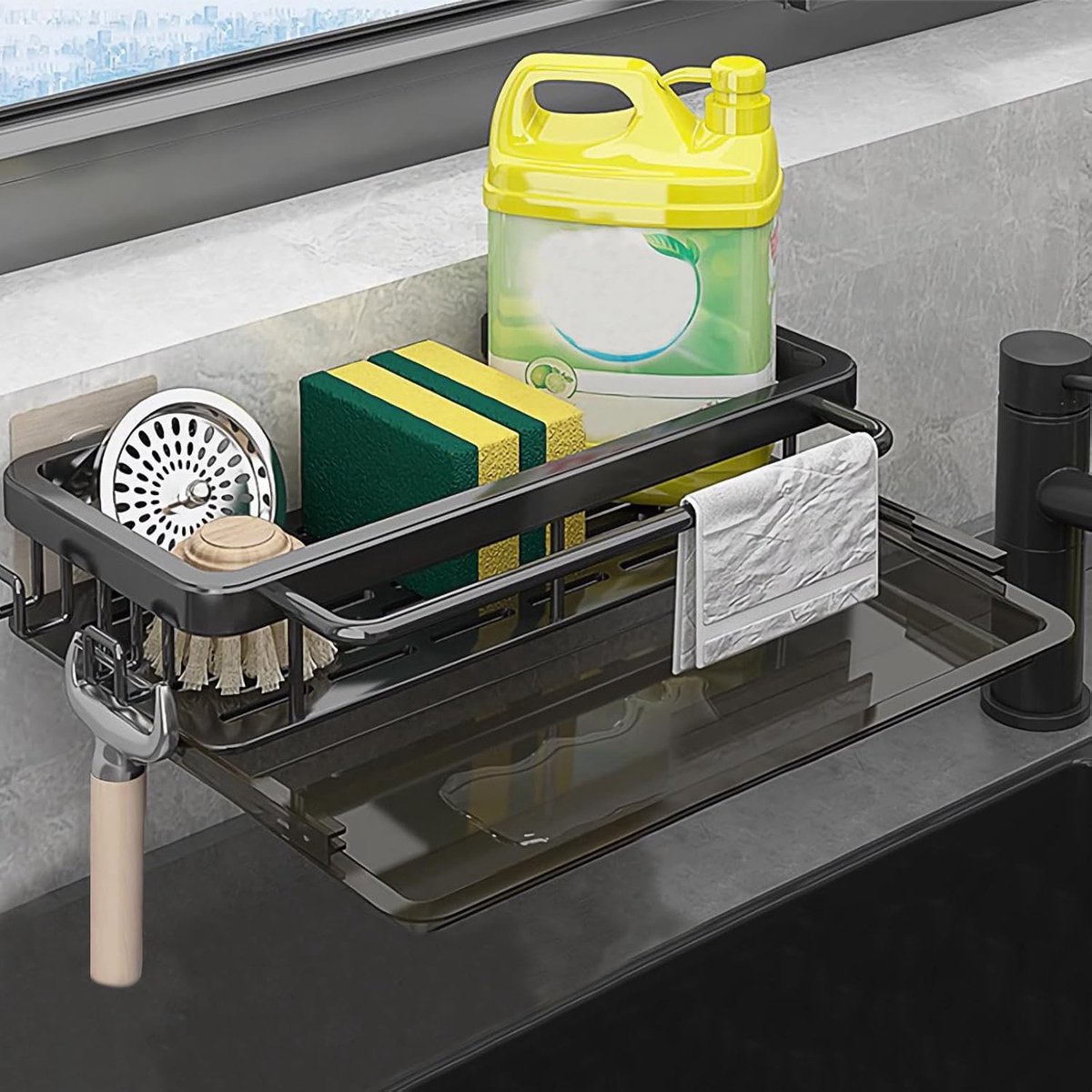Hanging Sink Organizer met Afvoerpan - Keuken Sponshouder met Haakjes en Afwasrek voor Keukenaccessoires en Tafelgerei (Zwart)