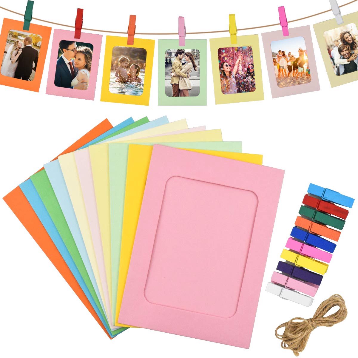 30 stuks papieren fotolijst, kartonnen papieren fotolijst, kleurrijke papieren fotolijst met 30 stuks clips en 3 hangende touwen, 6 x 4 inch papieren kartonnen fotolijsten, voor thuis en school