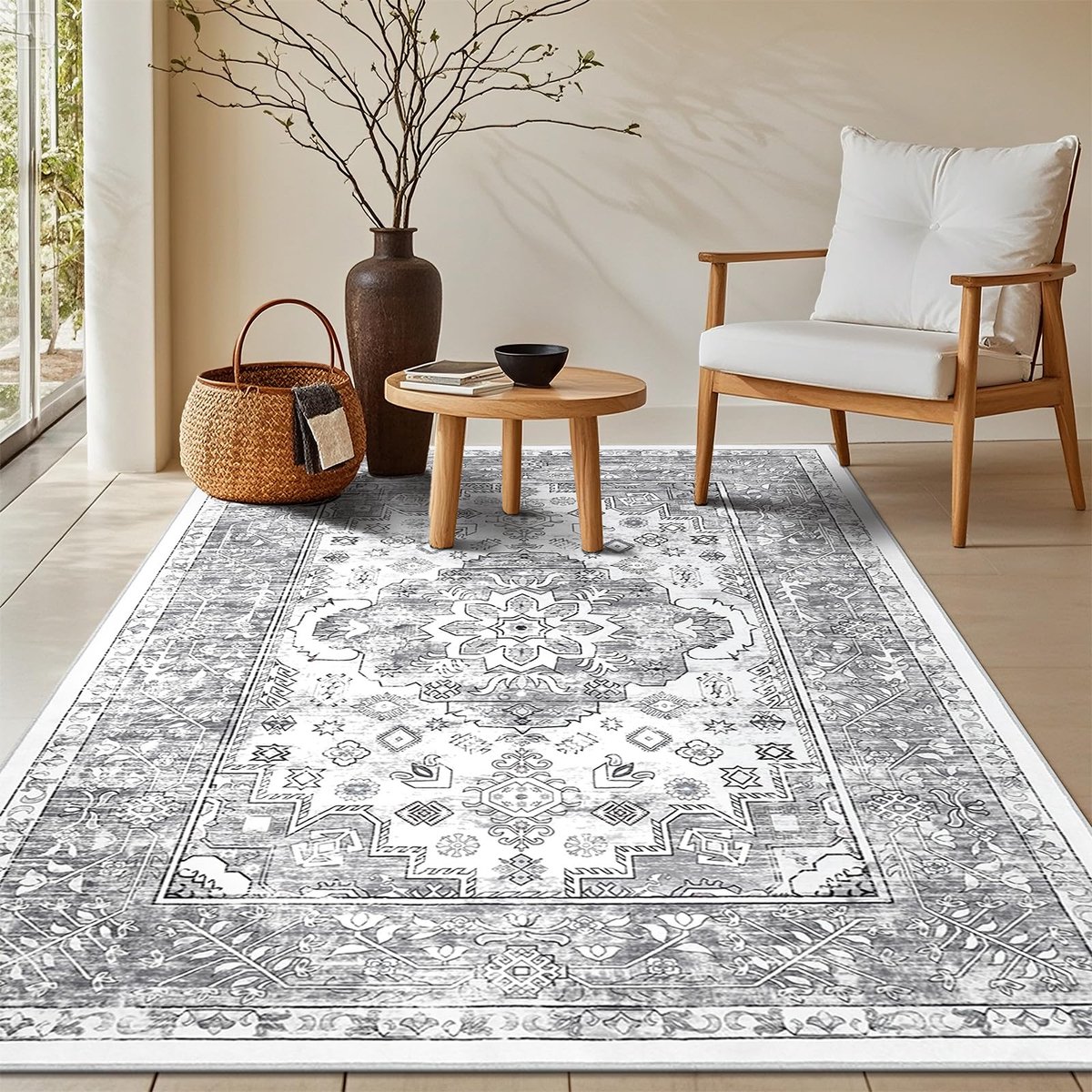Vloerkleed, 120 x 180 cm, niet pluizend vloerkleed met opdruk, kan in wasmachine, voor woonkamer, slipvast, traditioneel Boho-vloerkleed voor slaapkamer, eetkamer en keuken, grijs